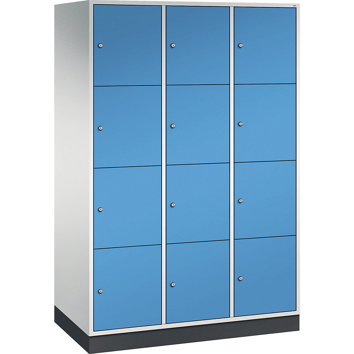Vestiaire multicases en acier INTRO, casiers hauteur 435 mm – C+P, l x p 1220 x 600 mm, 12 casiers, corps gris clair, portes bleu clair-7