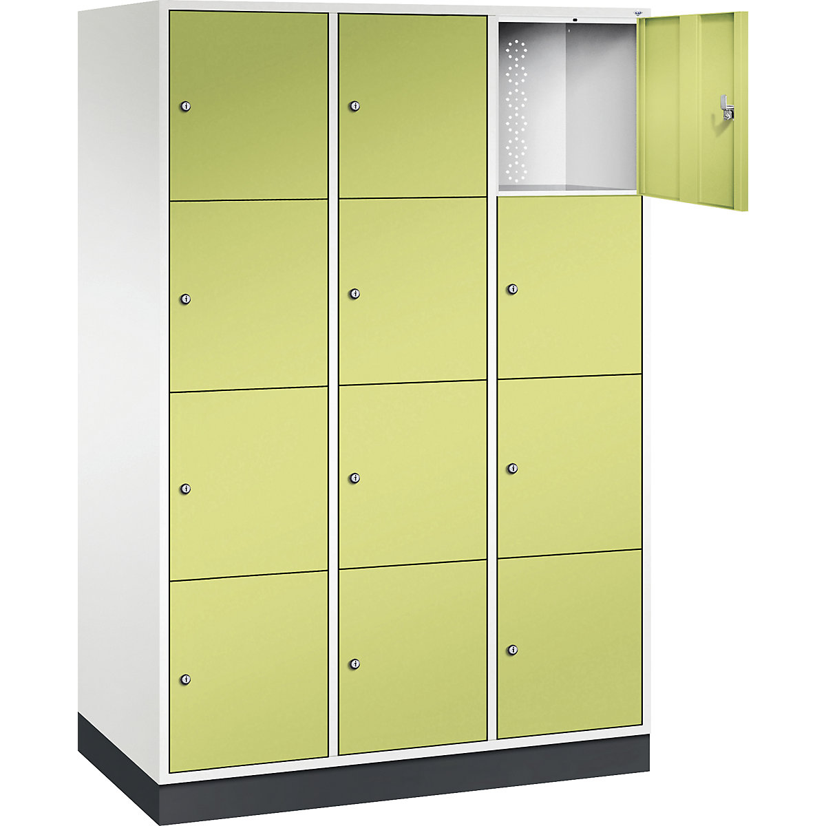 Vestiaire multicases en acier INTRO, casiers hauteur 435 mm – C+P, l x p 1220 x 600 mm, 12 casiers, corps blanc pur, portes vert viridin-14