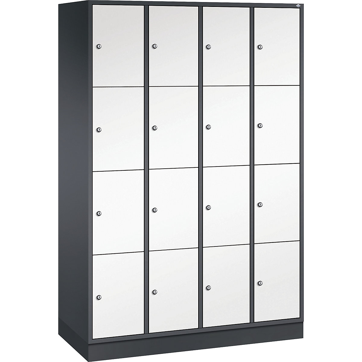 Vestiaire multicases en acier INTRO, casiers hauteur 435 mm – C+P, l x p 1220 x 500 mm, 16 casiers, corps gris noir, portes blanc pur-12