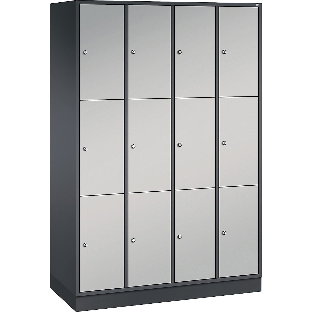 Vestiaire multicases en acier INTRO, casiers hauteur 580 mm – C+P, l x p 1220 x 500 mm, 12 casiers, corps gris noir, portes coloris aluminium-9