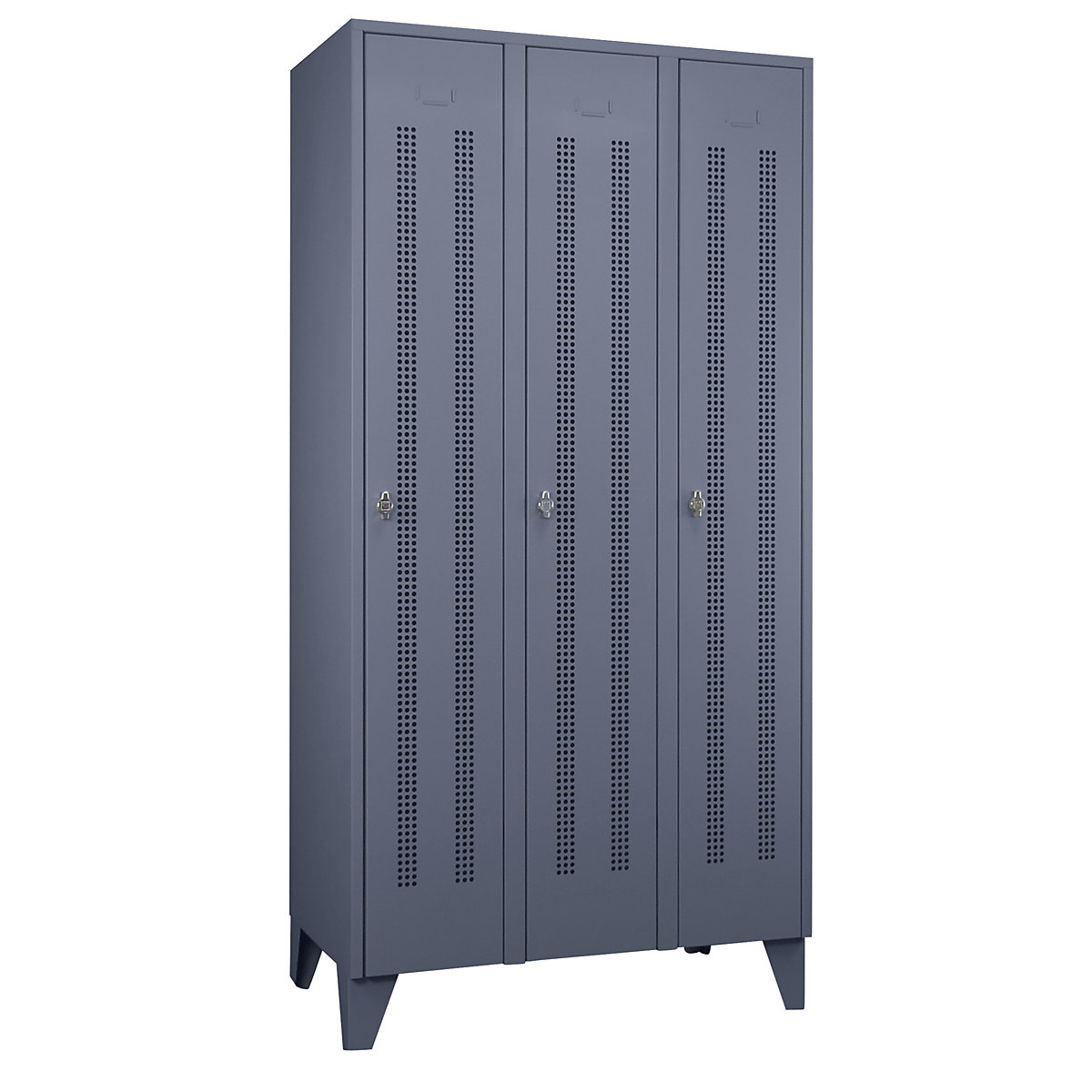 Vestiaire sur pieds à crampons – Wolf, compartiments à hauteur d'armoire, portes perforées, largeur compartiment 300 mm, 3 compartiments, gris bleu