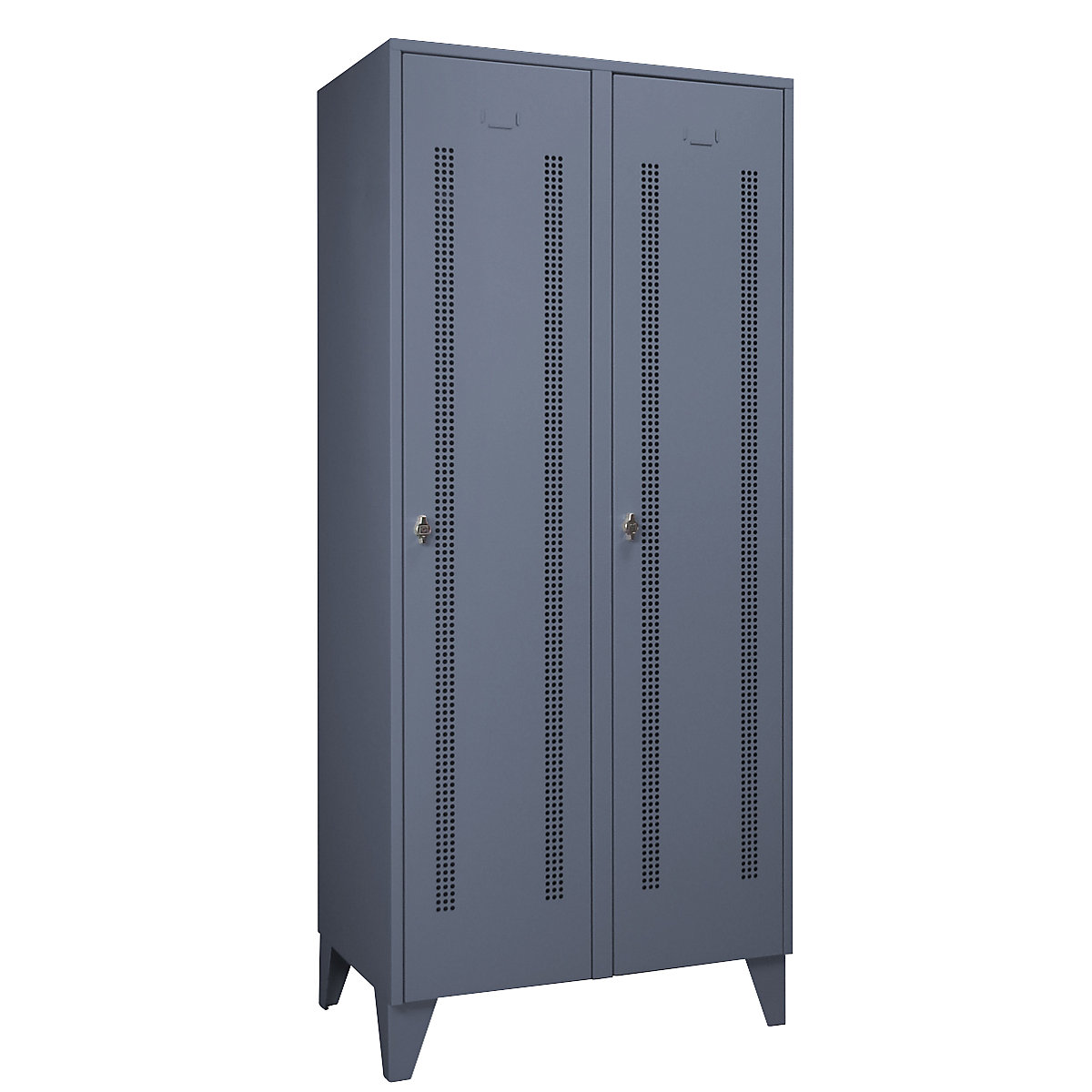 Vestiaire sur pieds à crampons – Wolf, compartiments à hauteur d'armoire, portes perforées, largeur compartiment 400 mm, 2 compartiments, gris bleu