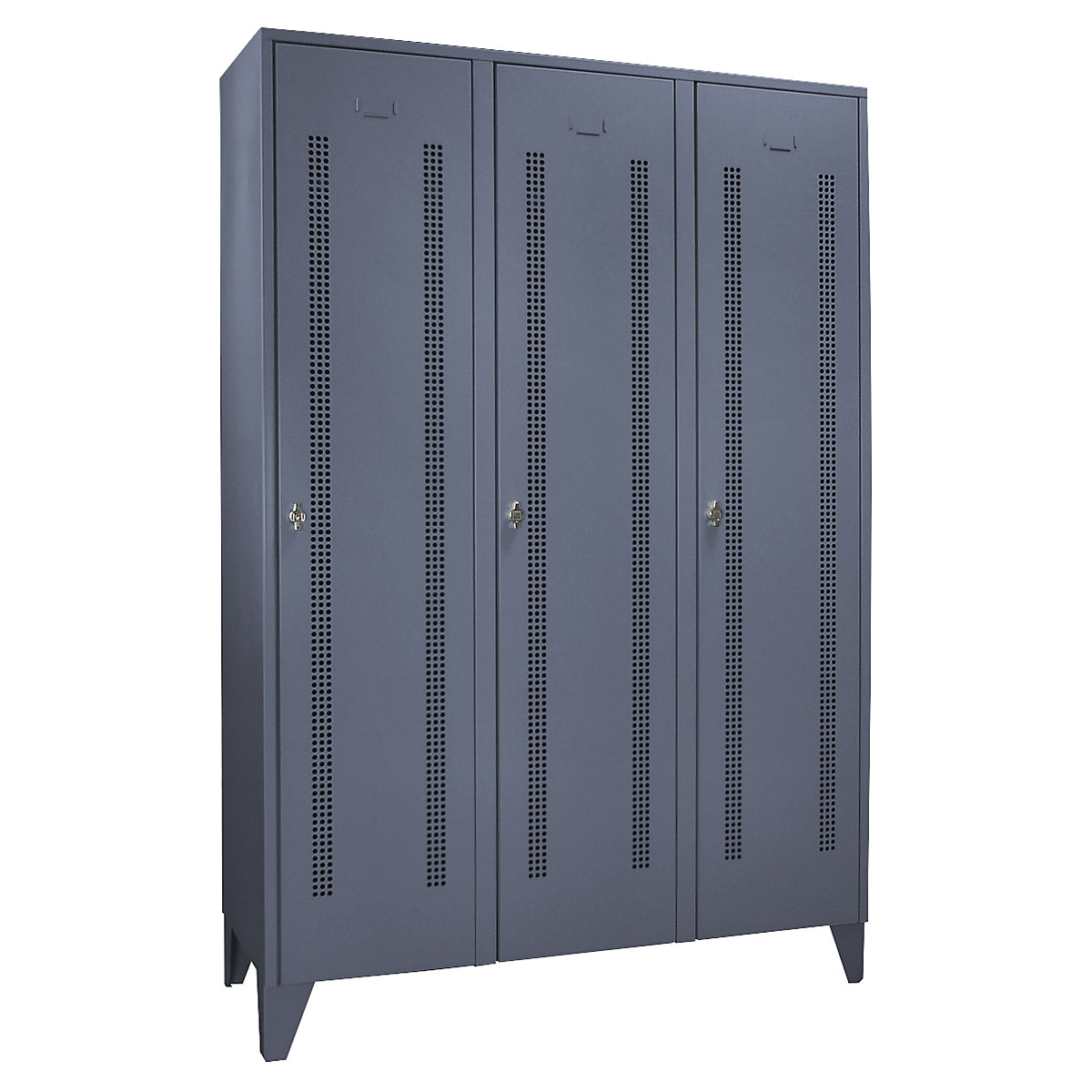 Vestiaire sur pieds à crampons – Wolf, compartiments à hauteur d'armoire, portes perforées, largeur compartiment 400 mm, 3 compartiments, gris bleu