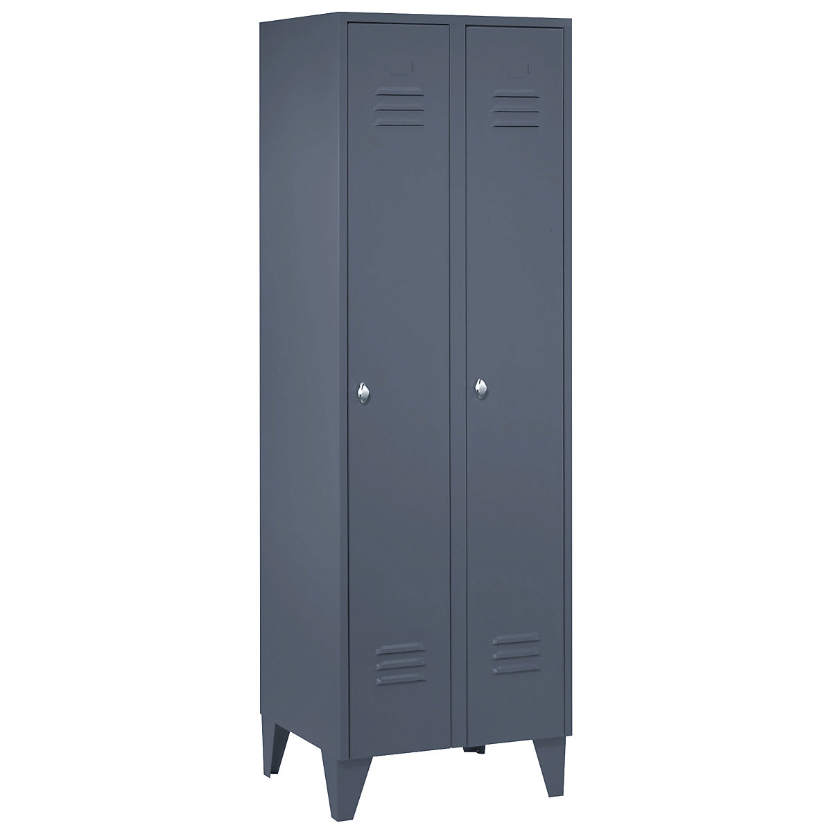Vestiaire sur pieds à crampons – Wolf, compartiments à hauteur d'armoire, portes pleines, largeur compartiment 300 mm, 2 compartiments, gris bleu