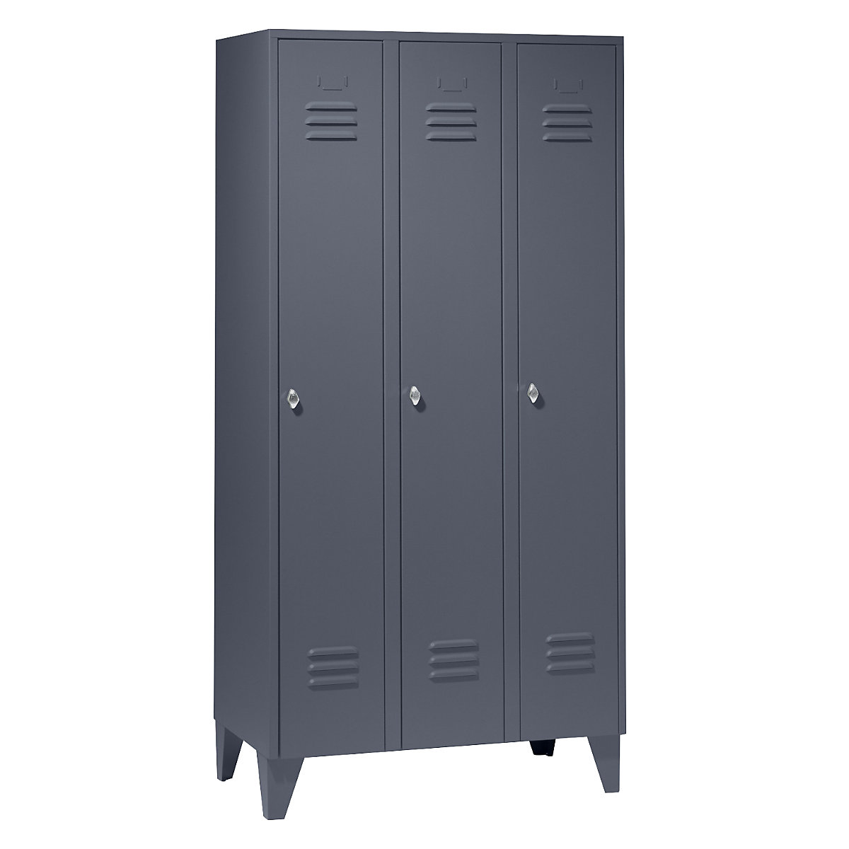 Vestiaire sur pieds à crampons – Wolf, compartiments à hauteur d'armoire, portes pleines, largeur compartiment 300 mm, 3 compartiments, gris bleu