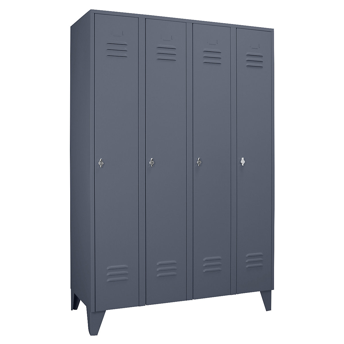 Vestiaire sur pieds à crampons – Wolf, compartiments à hauteur d'armoire, portes pleines, largeur compartiment 300 mm, 4 compartiments, gris bleu-70