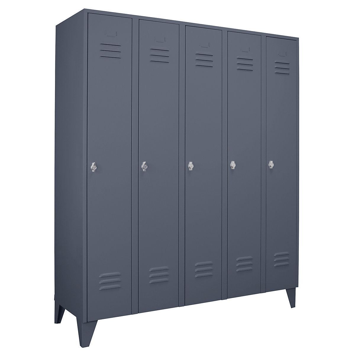 Vestiaire sur pieds à crampons – Wolf, compartiments à hauteur d'armoire, portes pleines, largeur compartiment 300 mm, 5 compartiments, gris bleu