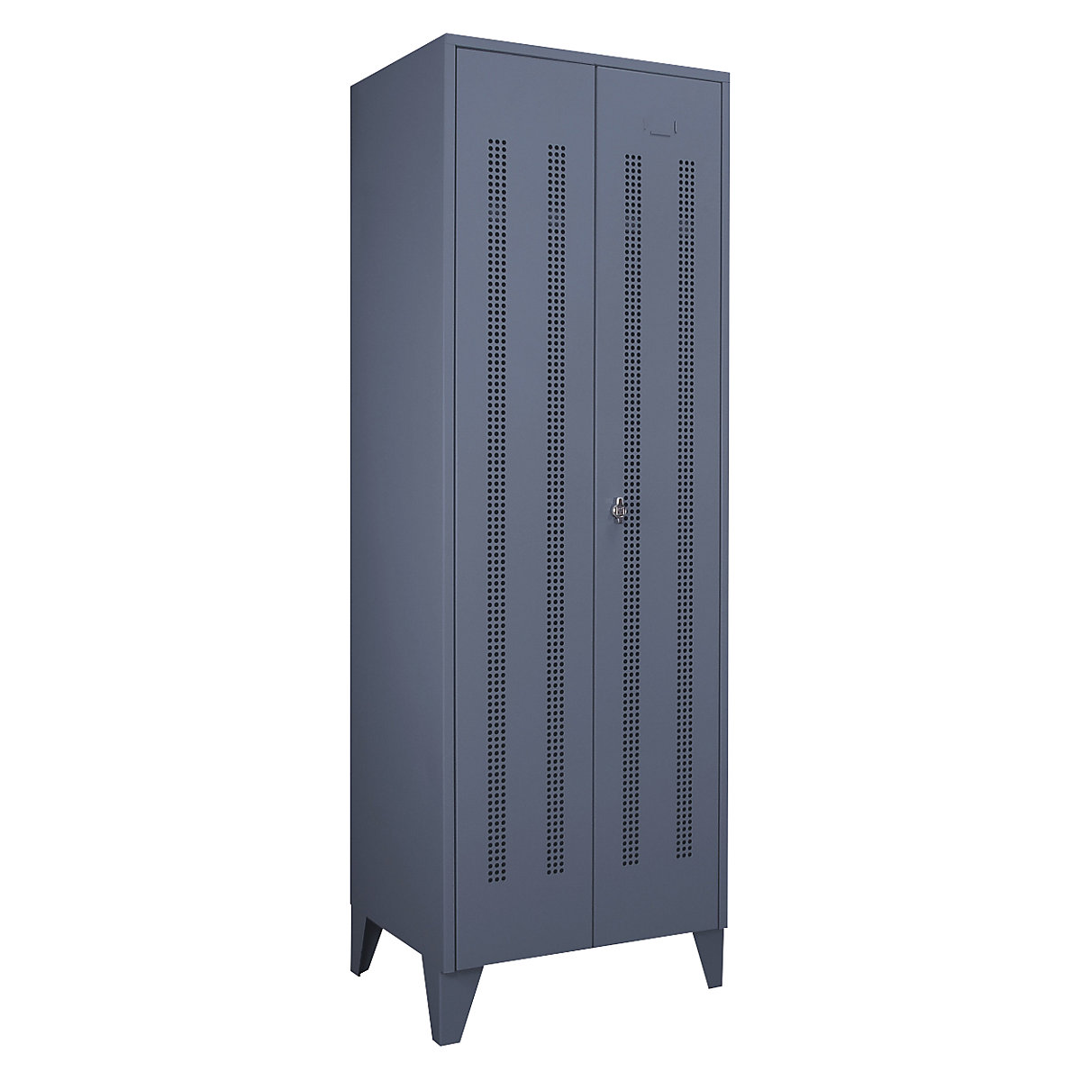 Vestiaire sur pieds à crampons – Wolf, compartiments à hauteur d'armoire, portes perforées, largeur compartiment 600 mm, 1 compartiment, gris bleu