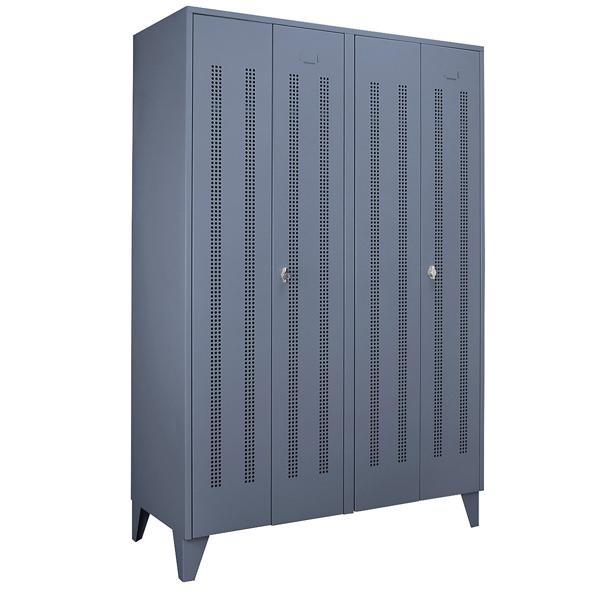 Vestiaire sur pieds à crampons – Wolf, compartiments à hauteur d'armoire, portes perforées, largeur compartiment 600 mm, 2 compartiments, gris bleu