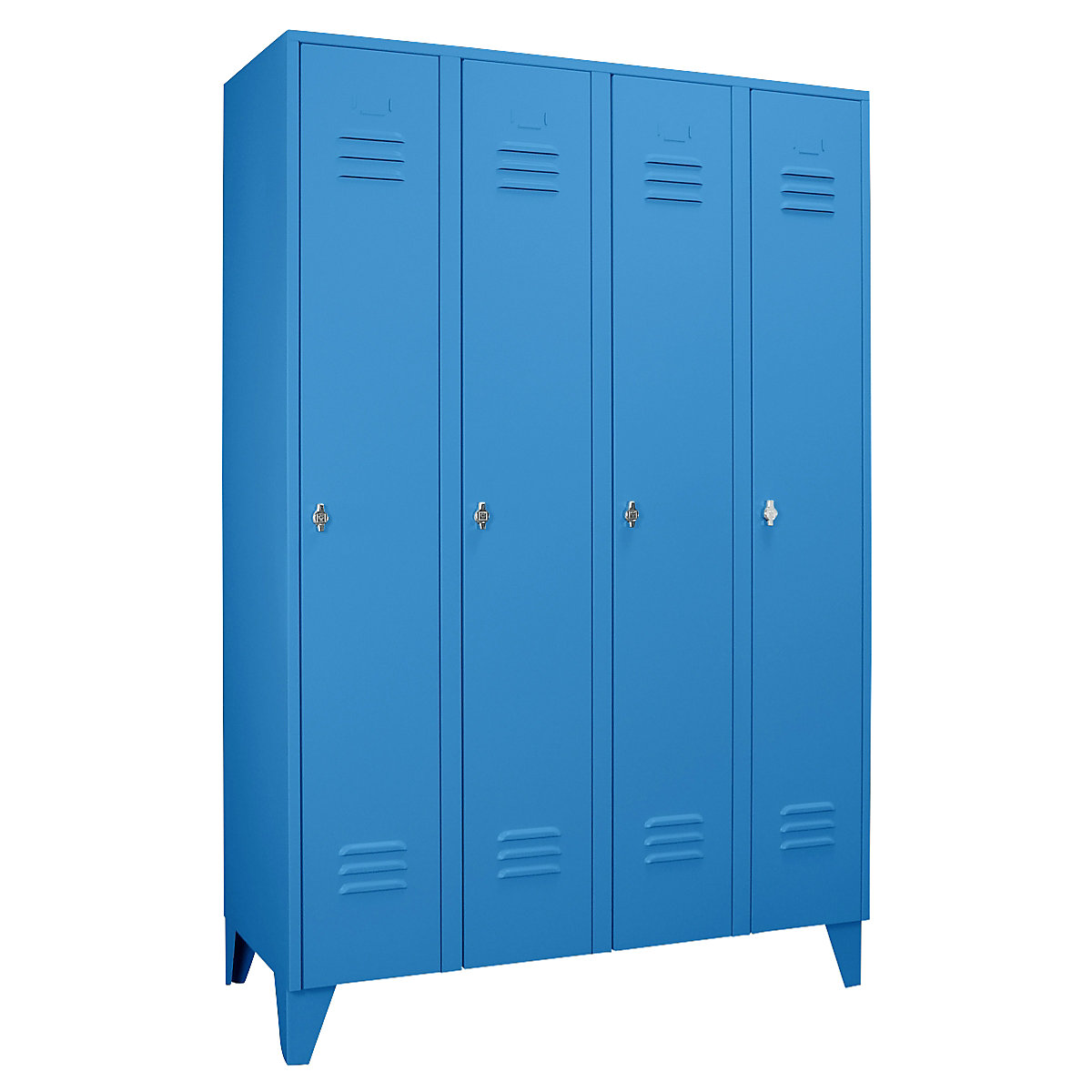 Vestiaire sur pieds à crampons – Wolf, compartiments à hauteur d'armoire, portes pleines, largeur compartiment 300 mm, 4 compartiments, bleu clair