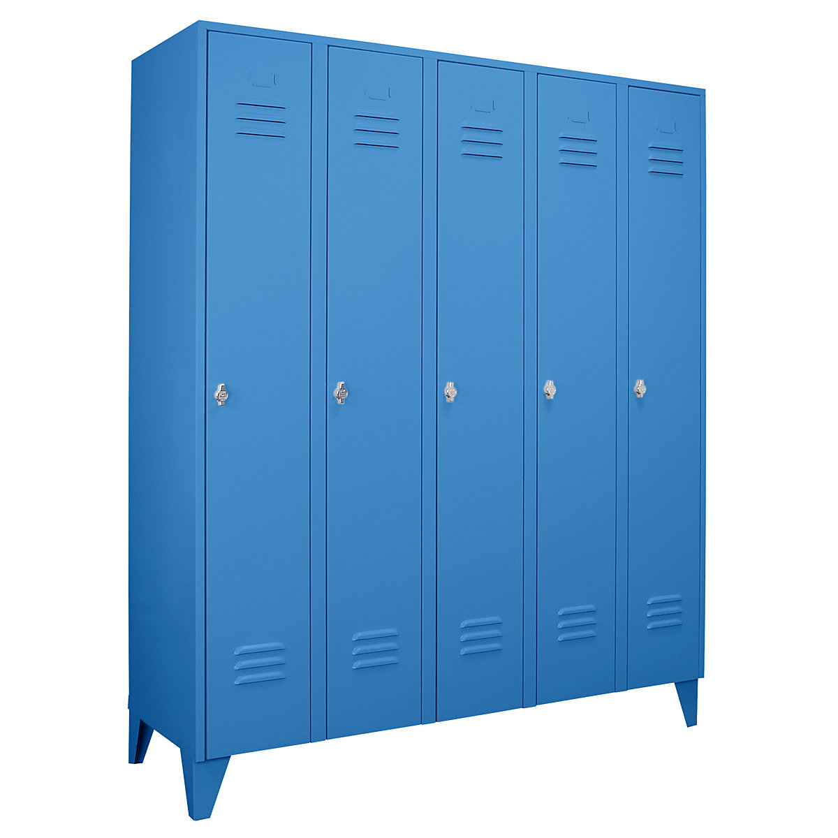 Vestiaire sur pieds à crampons – Wolf, compartiments à hauteur d'armoire, portes pleines, largeur compartiment 300 mm, 5 compartiments, bleu clair