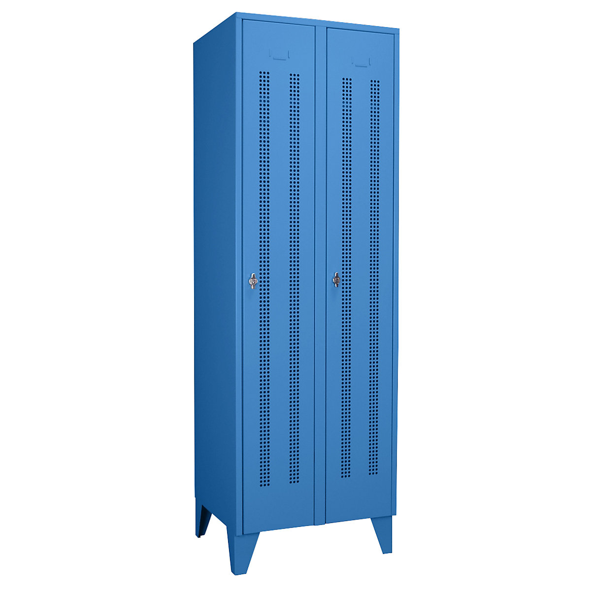 Vestiaire sur pieds à crampons – Wolf, compartiments à hauteur d'armoire, portes perforées, largeur compartiment 300 mm, 2 compartiments, bleu clair