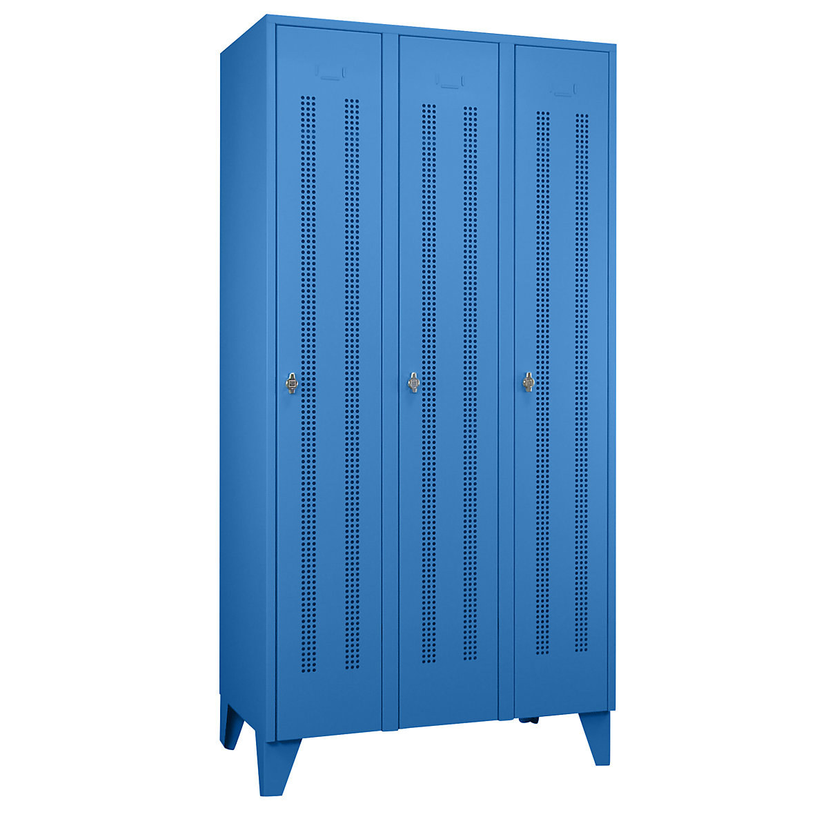 Vestiaire sur pieds à crampons – Wolf, compartiments à hauteur d'armoire, portes perforées, largeur compartiment 300 mm, 3 compartiments, bleu clair