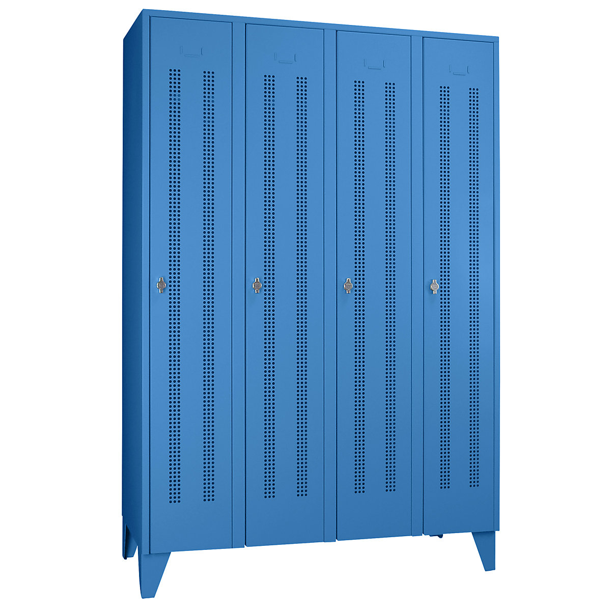 Vestiaire sur pieds à crampons – Wolf, compartiments à hauteur d'armoire, portes perforées, largeur compartiment 300 mm, 4 compartiments, bleu clair