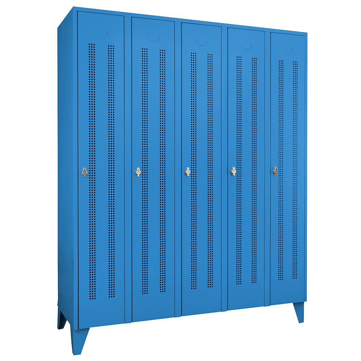 Vestiaire sur pieds à crampons – Wolf, compartiments à hauteur d'armoire, portes perforées, largeur compartiment 300 mm, 5 compartiments, bleu clair