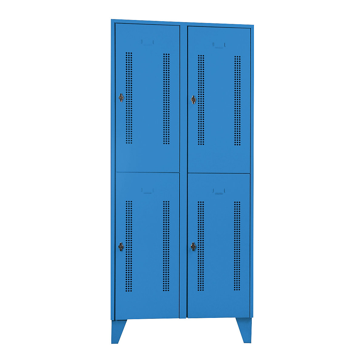 Vestiaire sur pieds à crampons – Wolf, compartiments mi-hauteur, portes à parois perforées, largeur compartiments 400 mm, 4 casiers, bleu clair-10