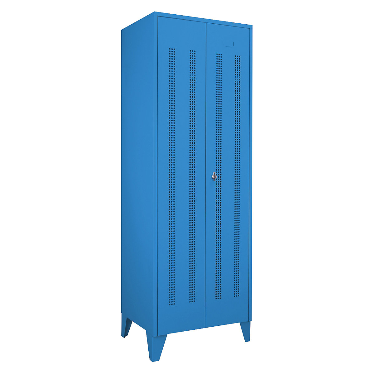 Vestiaire sur pieds à crampons – Wolf, compartiments à hauteur d'armoire, portes perforées, largeur compartiment 600 mm, 1 compartiment, bleu clair