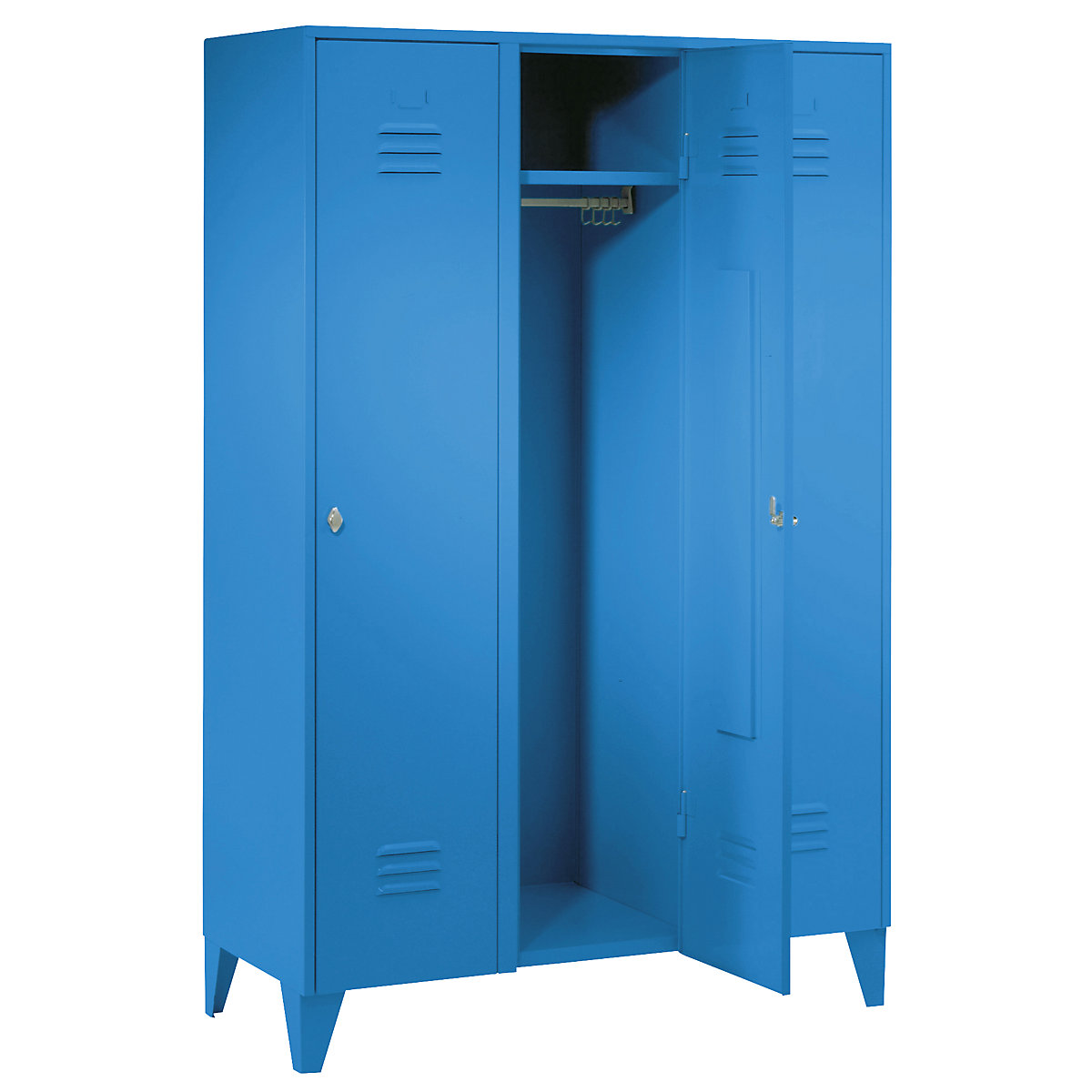 Vestiaire sur pieds à crampons – Wolf, compartiments à hauteur d'armoire, portes pleines, largeur compartiment 400 mm, 3 compartiments, bleu clair