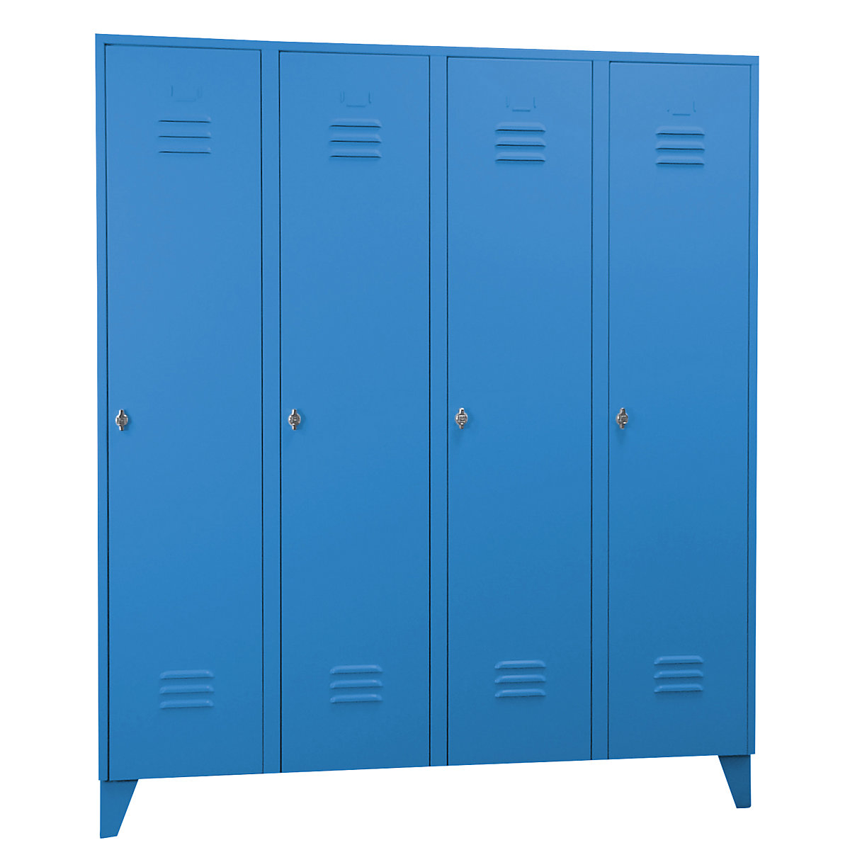 Vestiaire sur pieds à crampons – Wolf, compartiments à hauteur d'armoire, portes pleines, largeur compartiment 400 mm, 4 compartiments, bleu clair