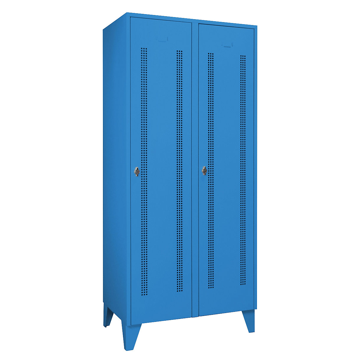 Vestiaire sur pieds à crampons – Wolf, compartiments à hauteur d'armoire, portes perforées, largeur compartiment 400 mm, 2 compartiments, bleu clair