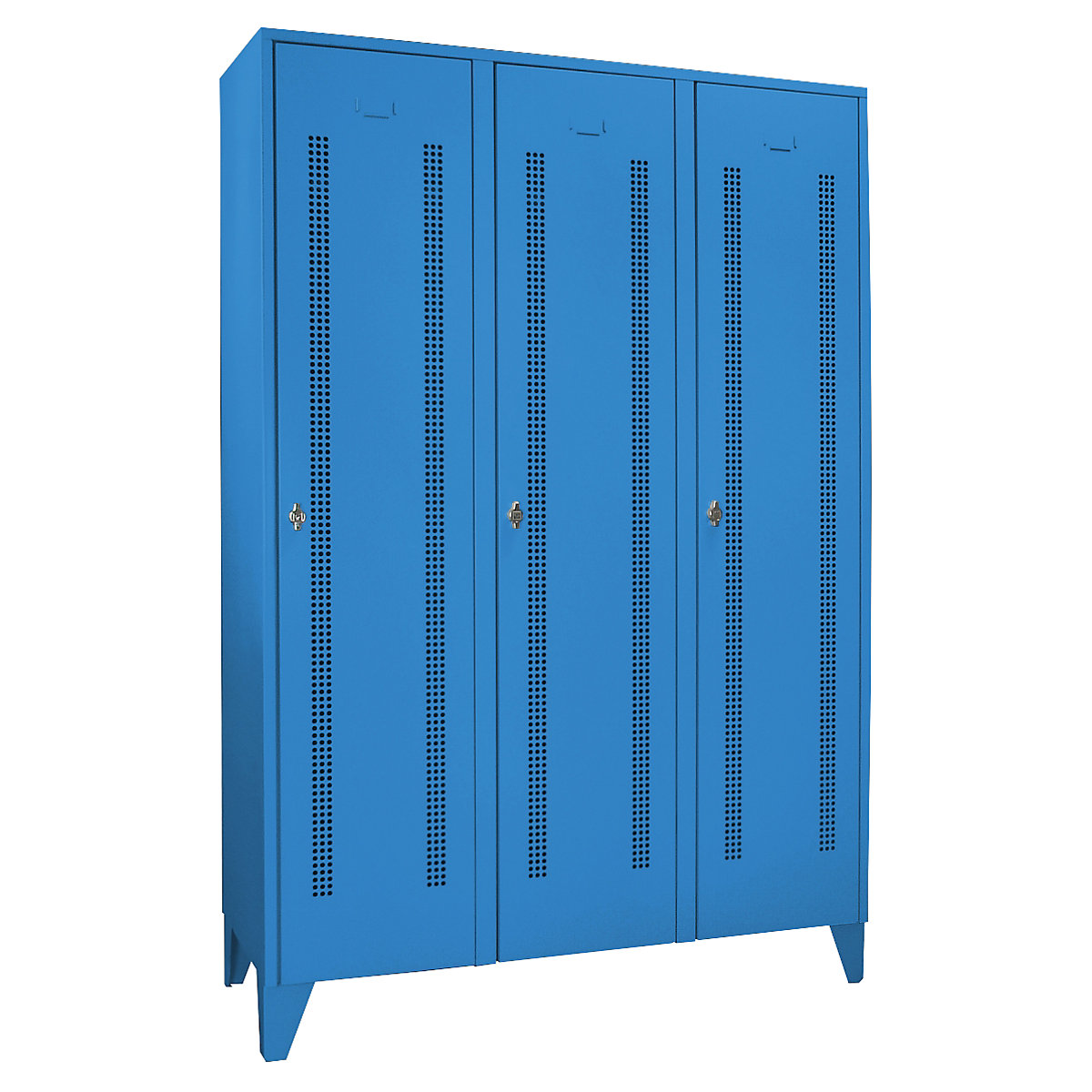 Vestiaire sur pieds à crampons – Wolf, compartiments à hauteur d'armoire, portes perforées, largeur compartiment 400 mm, 3 compartiments, bleu clair