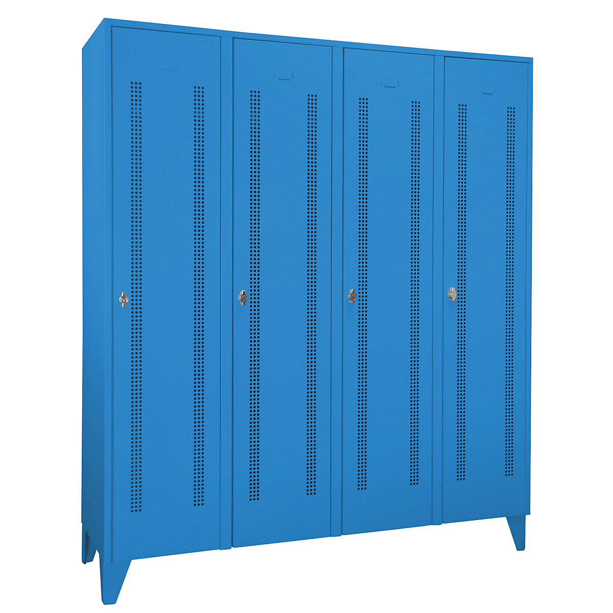 Vestiaire sur pieds à crampons – Wolf, compartiments à hauteur d'armoire, portes perforées, largeur compartiment 400 mm, 4 compartiments, bleu clair