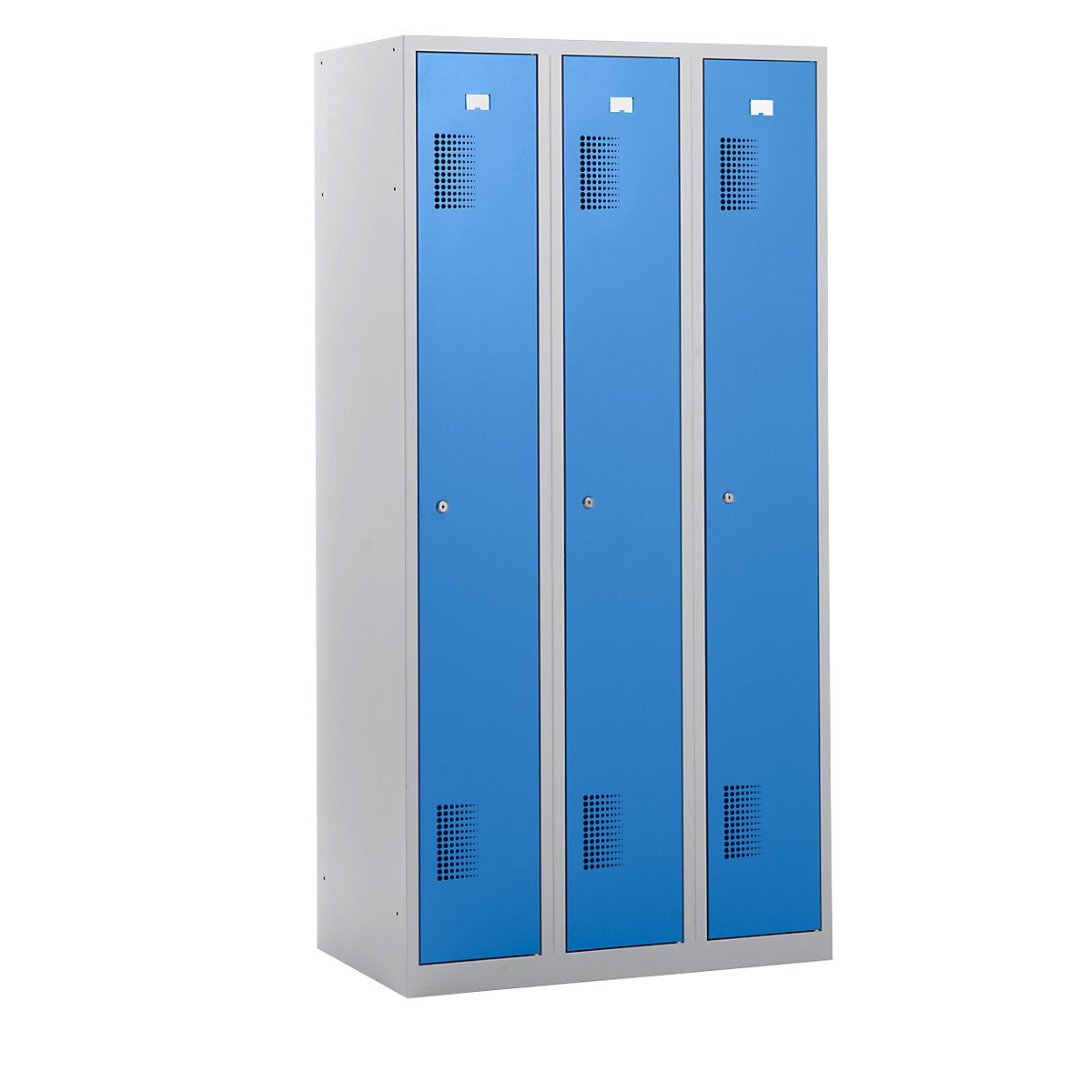 Vestiaires AMSTERDAM – eurokraft basic, hauteur 1800 mm, largeur 900 mm, 3 compartiments de 298 mm, serrure à cylindre, corps gris clair, portes bleu clair