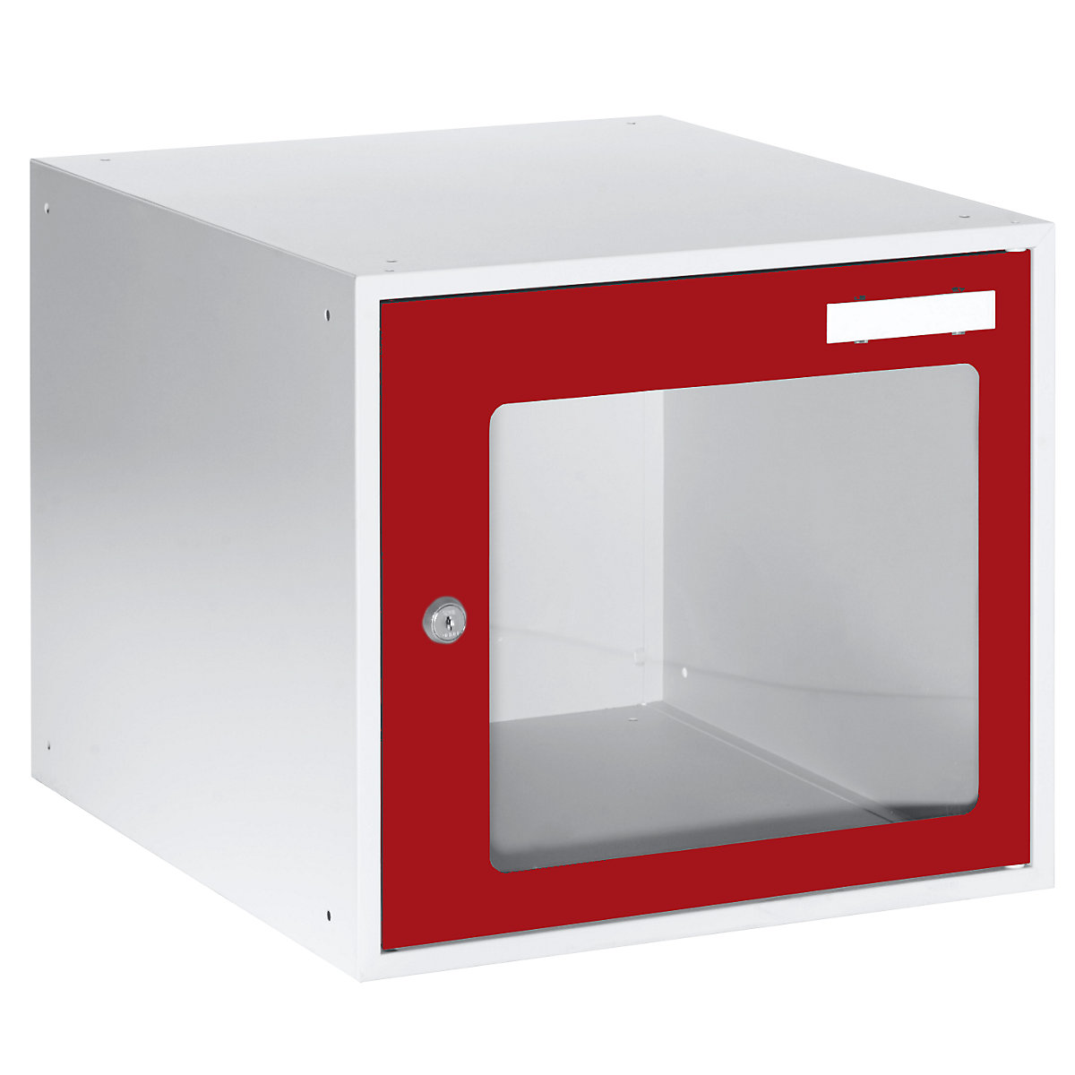 EUROKRAFTbasic – Casier verrouillable vitré, h x l x p 350 x 400 x 450 mm, cadre de porte rouge feu RAL 3000