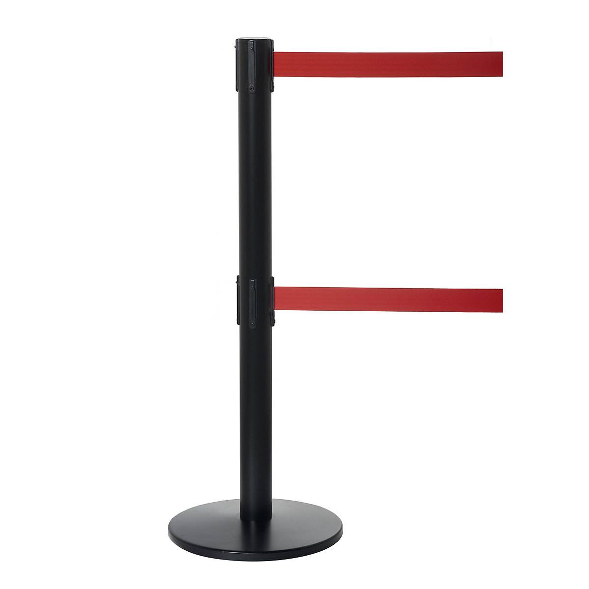 Tensator – Stâlp de îngrădire cu 2 benzi, vopsit în câmp electrostatic negru, bandă roșie, lungime de extindere 2300 mm