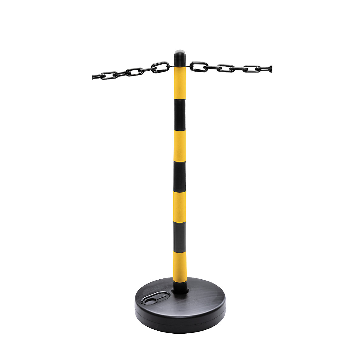 Set de stâlpi de îngrădire cu lanț, picior circular din plastic, cu posibilitate de umplere, 6 stâlpi, lanț de 10 m, negru / galben