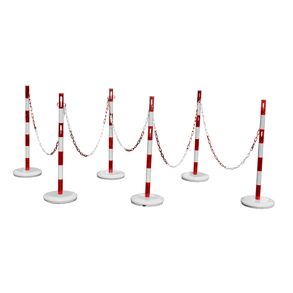 Set de stâlpi de blocare cu lanț, 6 stâlpi, lanț 15 m, roșu / alb