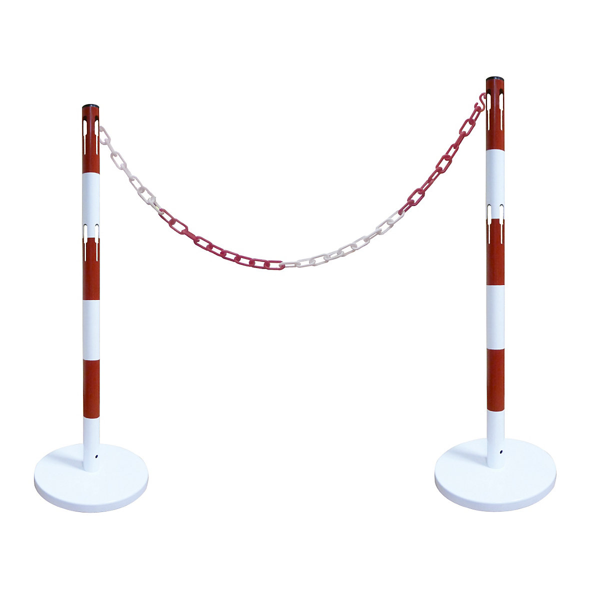 Set de stâlpi de blocare cu lanț, 2 stâlpi, lanț 2,5 m, roșu / alb