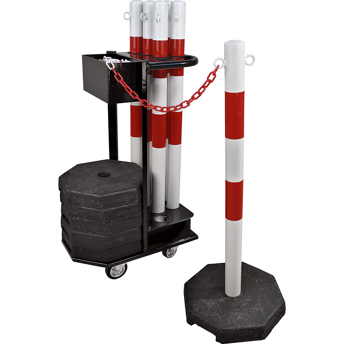 Set de stâlpi de îngrădire cu lanț, cu cărucior de transport, 10 elemente de legătură, roșu / alb