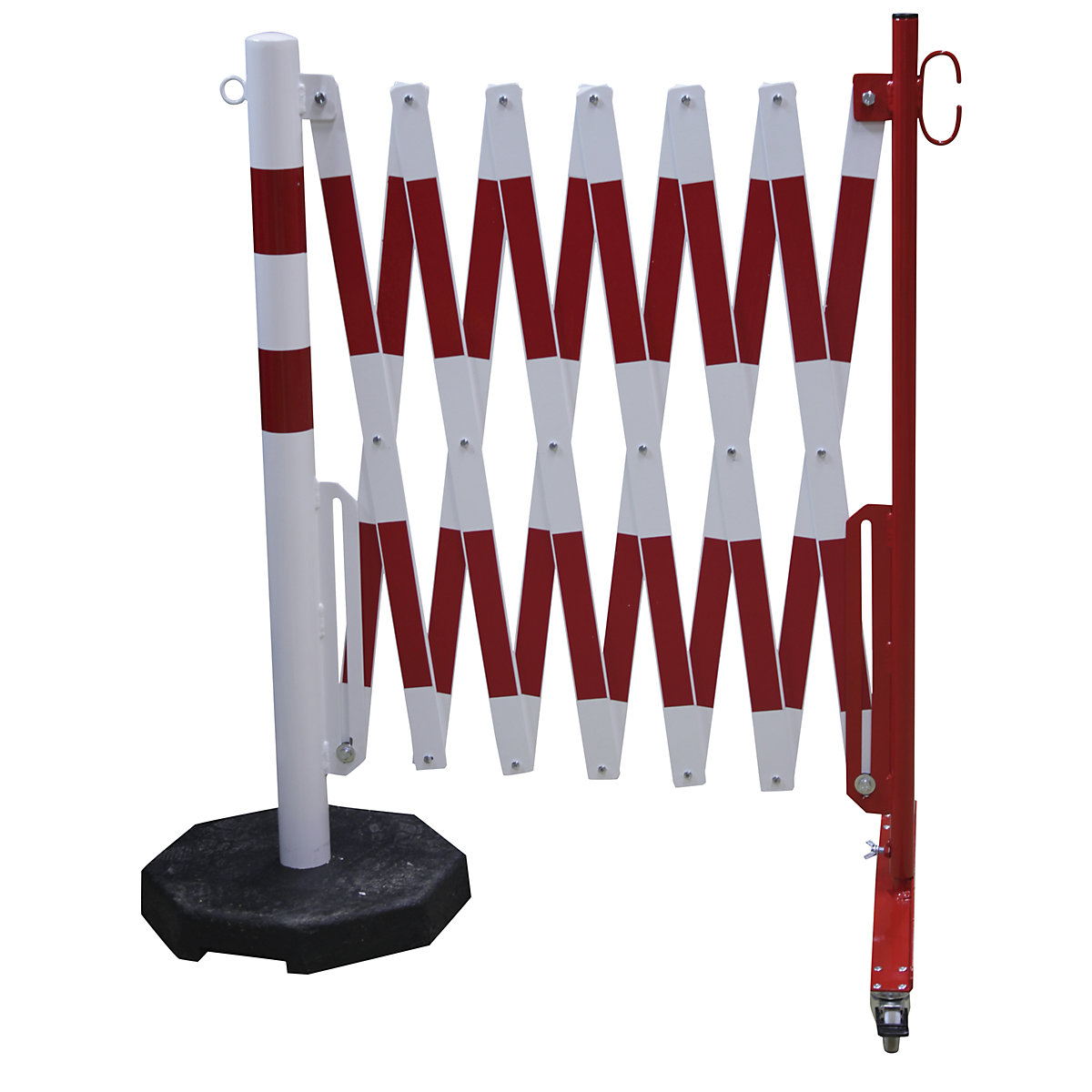 Stâlp de blocare cu grilaj de îngrădire tip foarfece, țeavă tubulară Ø 60 mm, cu placă pentru picioare mobilă, reflectorizantă, roșu / alb, lungime max. 4000 mm