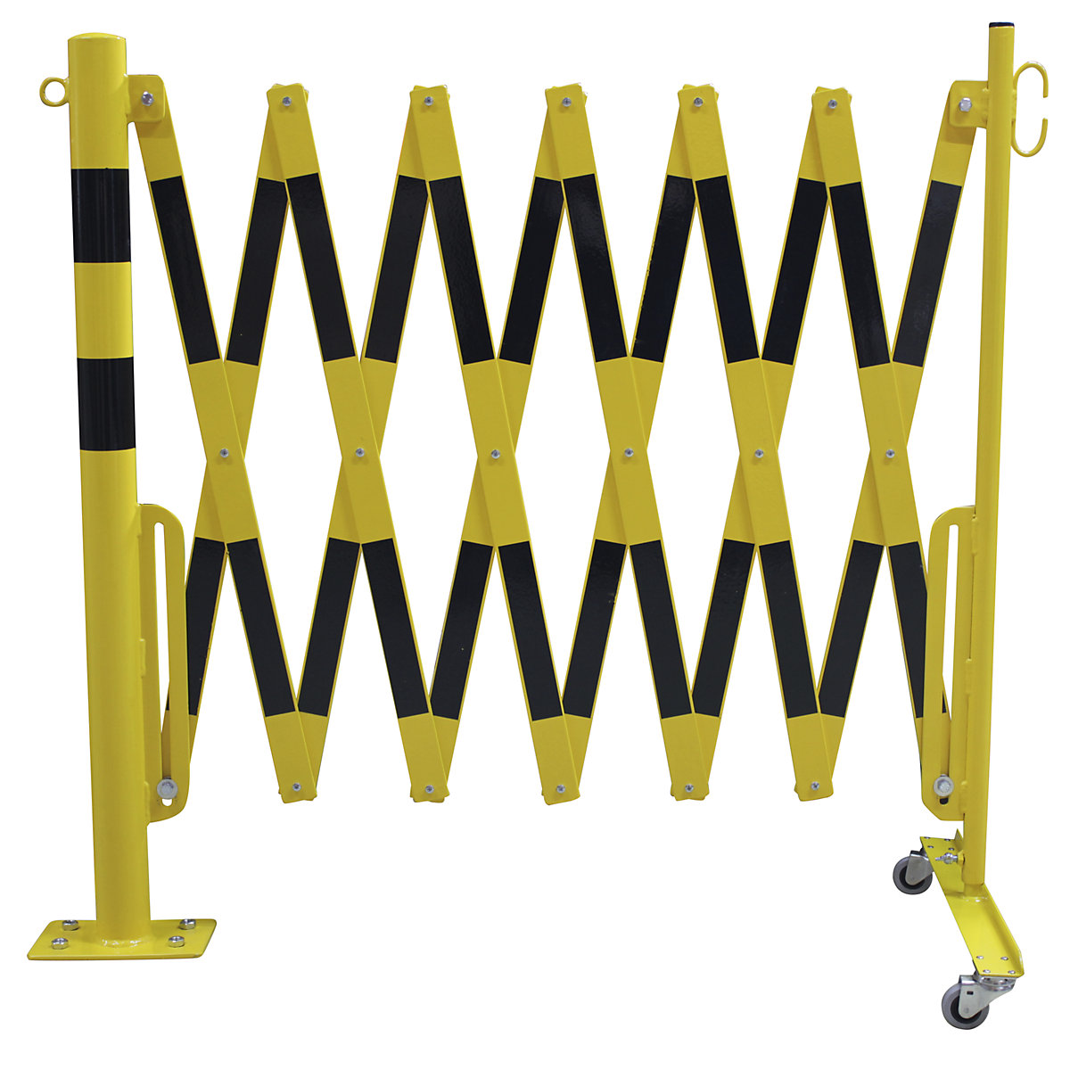 Stâlp de blocare cu grilaj de îngrădire tip foarfece, țeavă tubulară Ø 60 mm, pentru fixare cu dibluri, galben / negru, lungime max. 4000 mm