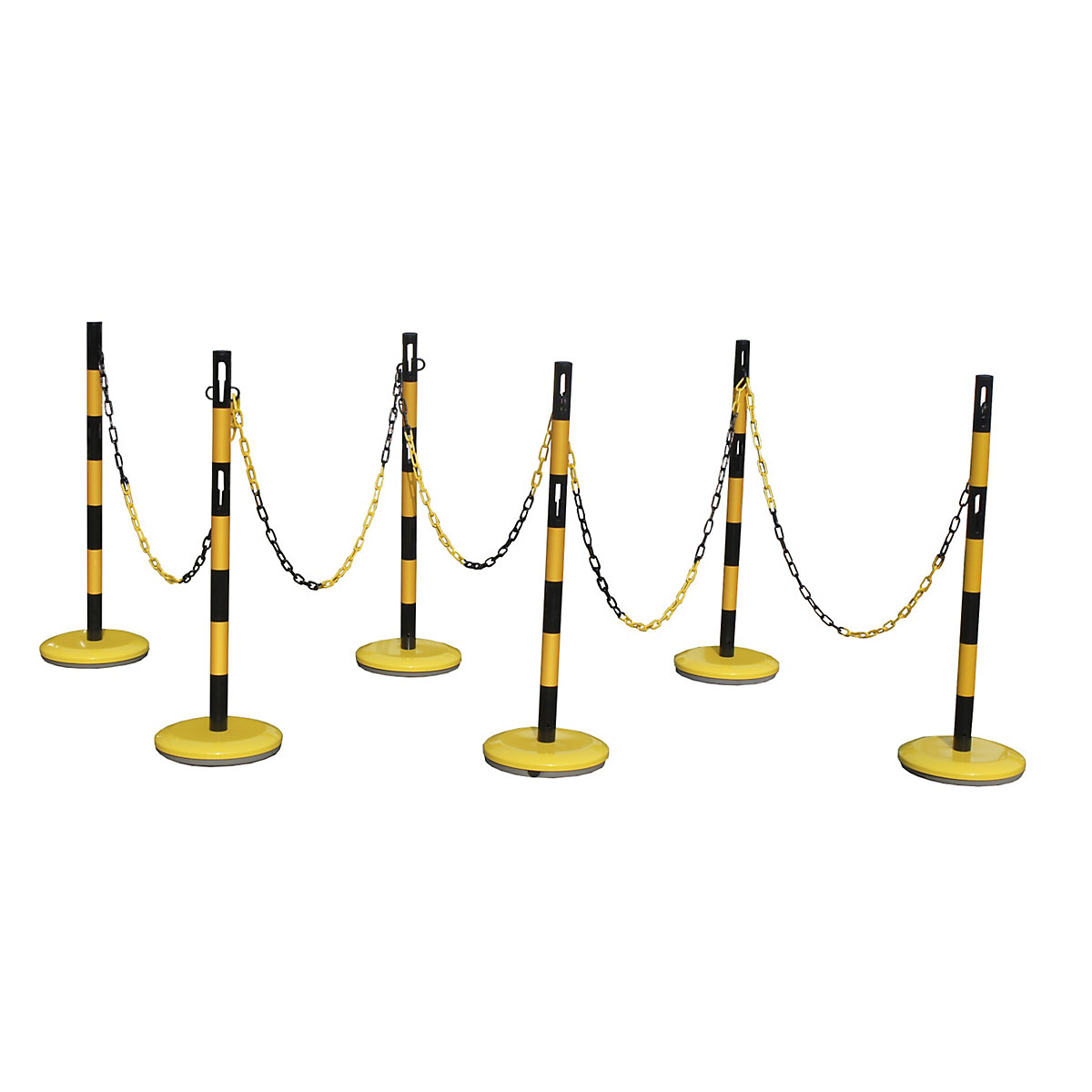 Set de stâlpi de blocare cu lanț, 6 stâlpi, lanț 15 m, galben / negru