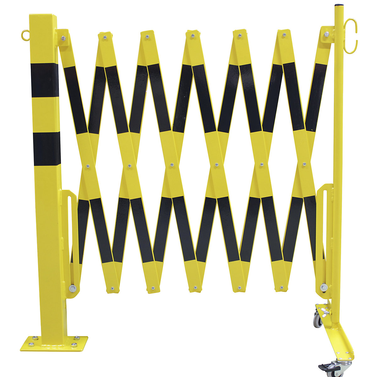 Stâlp de blocare cu grilaj de îngrădire tip foarfece, țeavă rectangulară 70 x 70 mm, pentru fixare cu dibluri, galben / negru, lungime max. 4000 mm