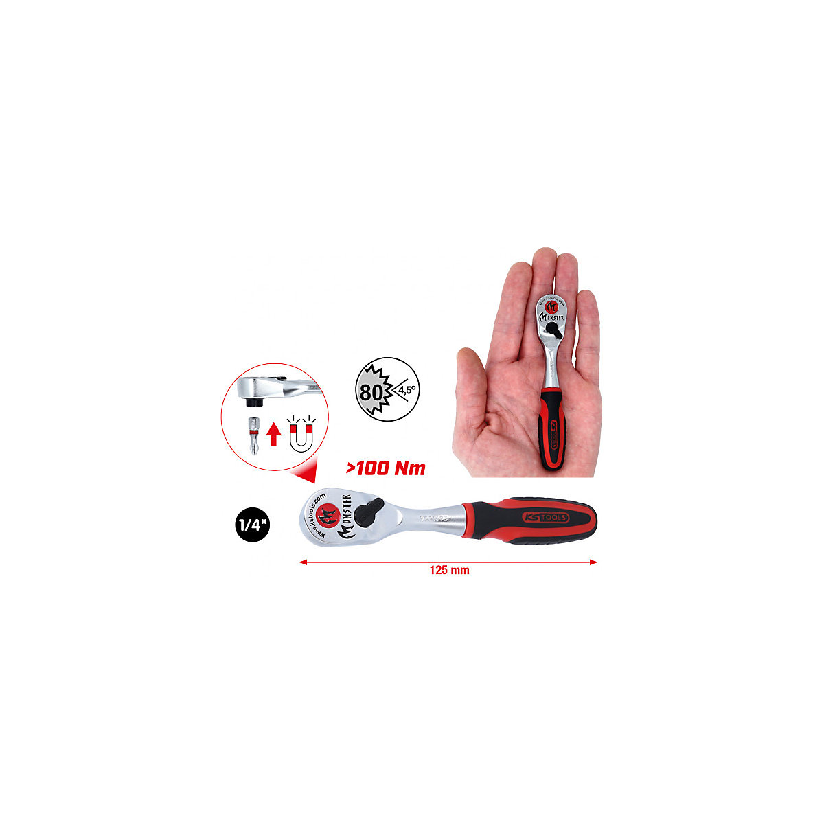 1/4''-os MONSTER átváltható, bites racsnis hajtókar – KS Tools (Termék képe 4)-3