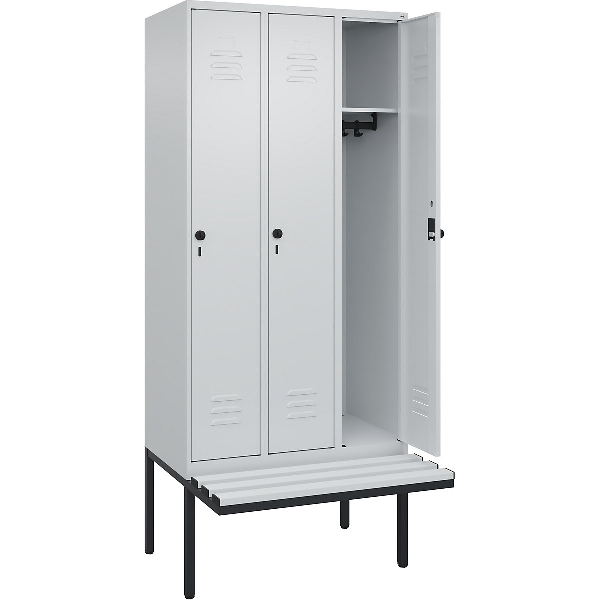 Classic PLUS öltözőszekrény paddal – C+P, 3 fülke, világosszürke, szé 900 mm, biztonsági forgóretesz, túlnyúló, műanyag-230