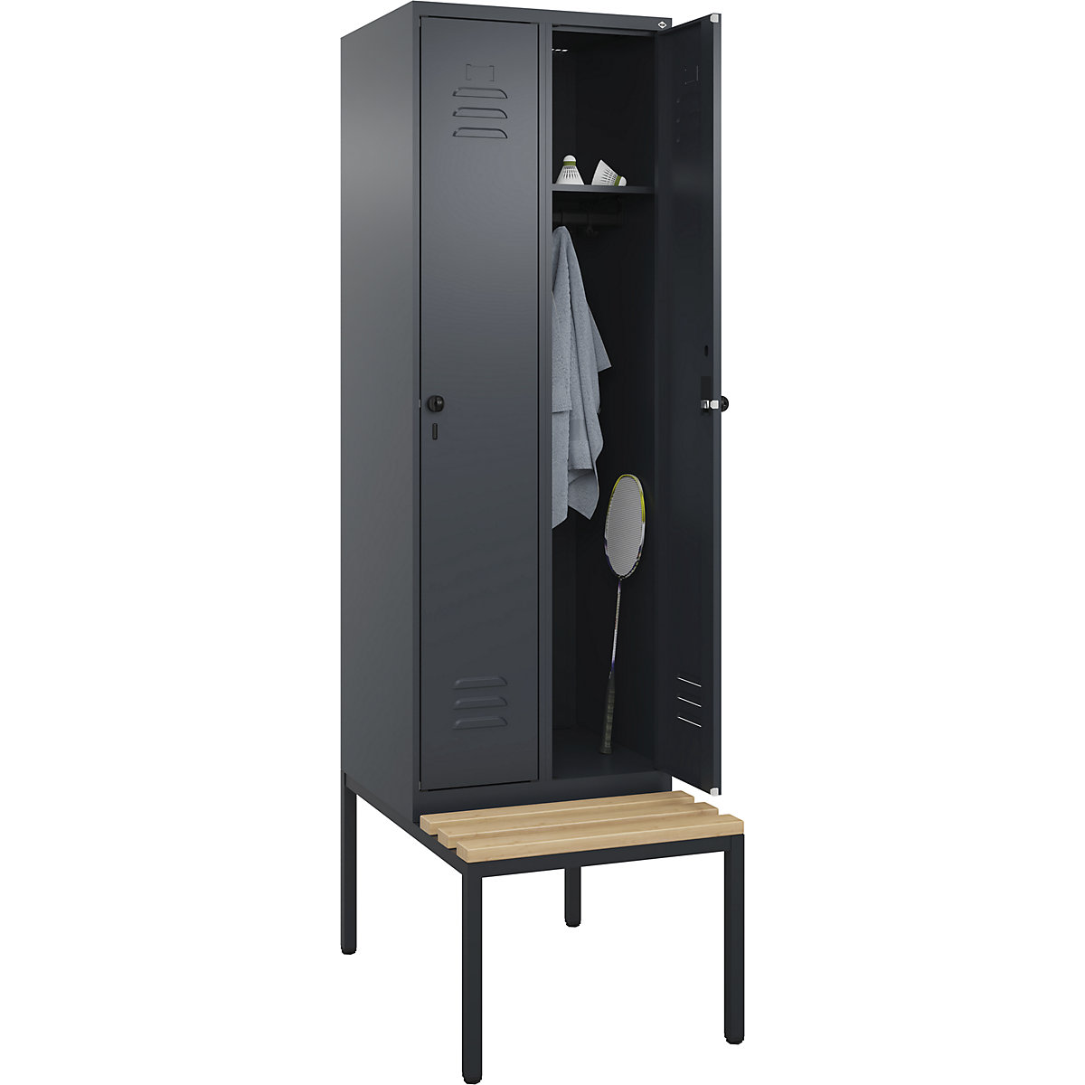 Classic PLUS öltözőszekrény paddal – C+P, 2 fülke, szürke, szé 600 mm, biztonsági forgóretesz, alátámasztott, bükk keményfa-106