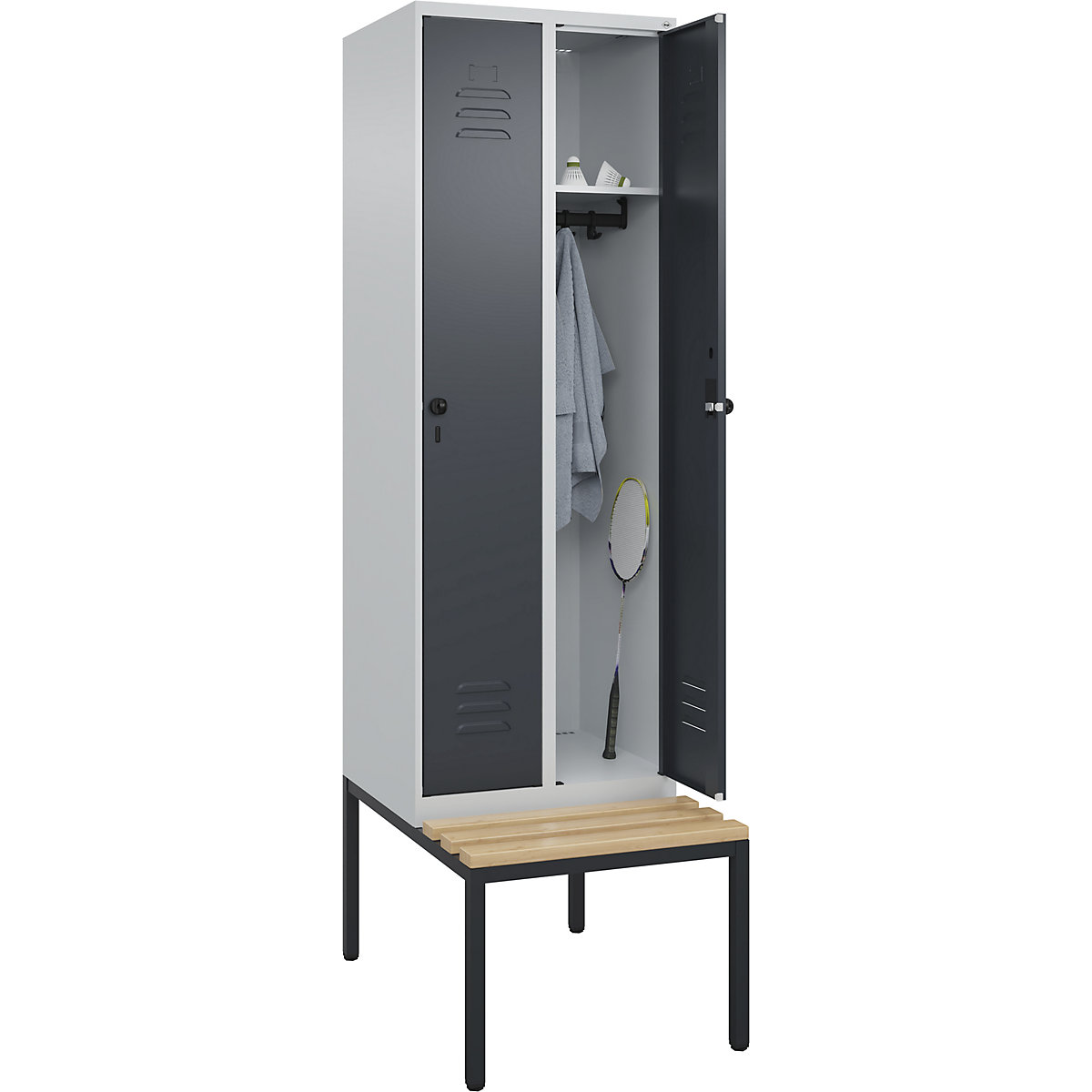Classic PLUS öltözőszekrény paddal – C+P, 2 fülke, világosszürke / szürke, szé 600 mm, biztonsági forgóretesz, alátámasztott, bükk keményfa-101