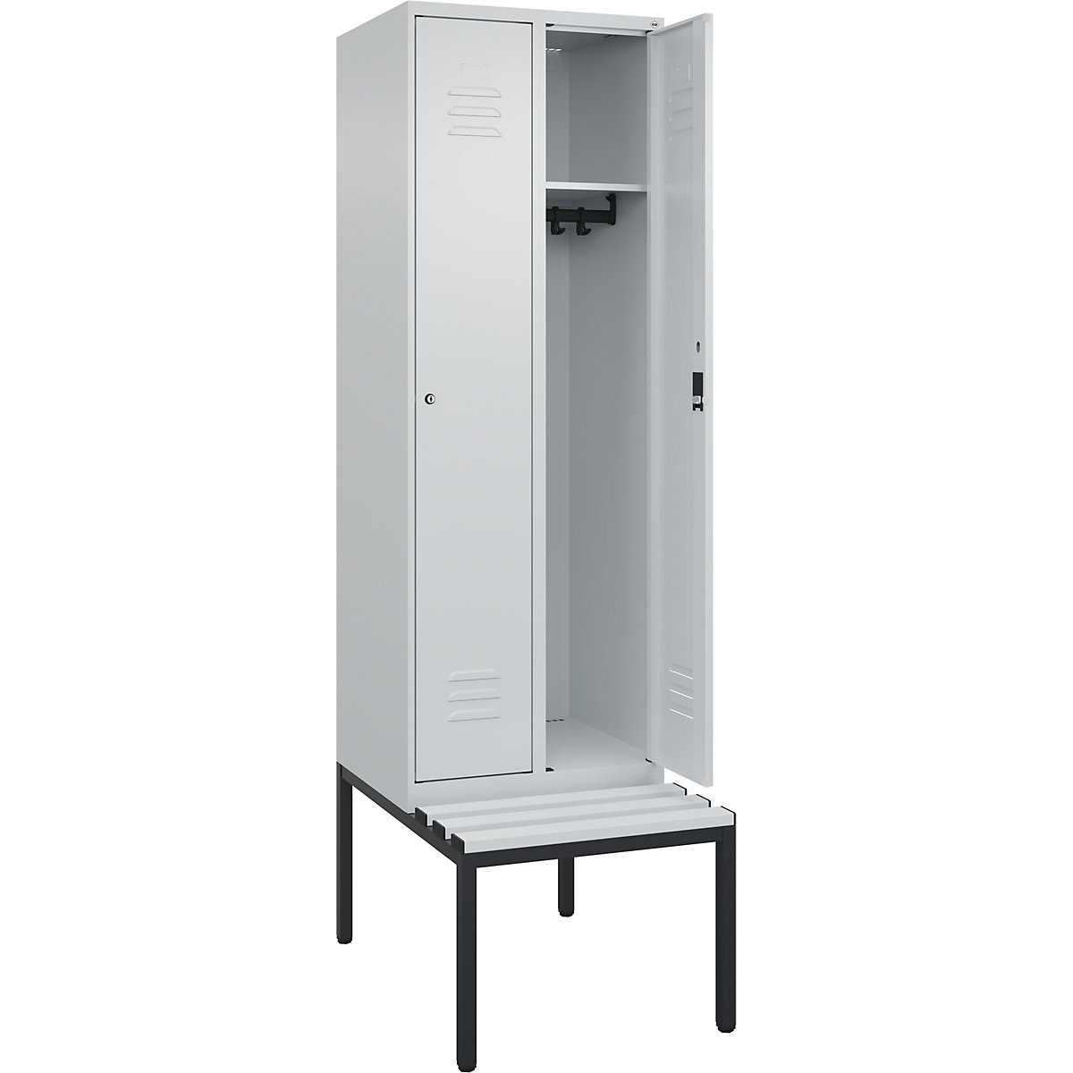 Classic PLUS öltözőszekrény paddal – C+P, 2 fülke, világosszürke, szé 600 mm, hengerzár, alátámasztott, műanyag-184