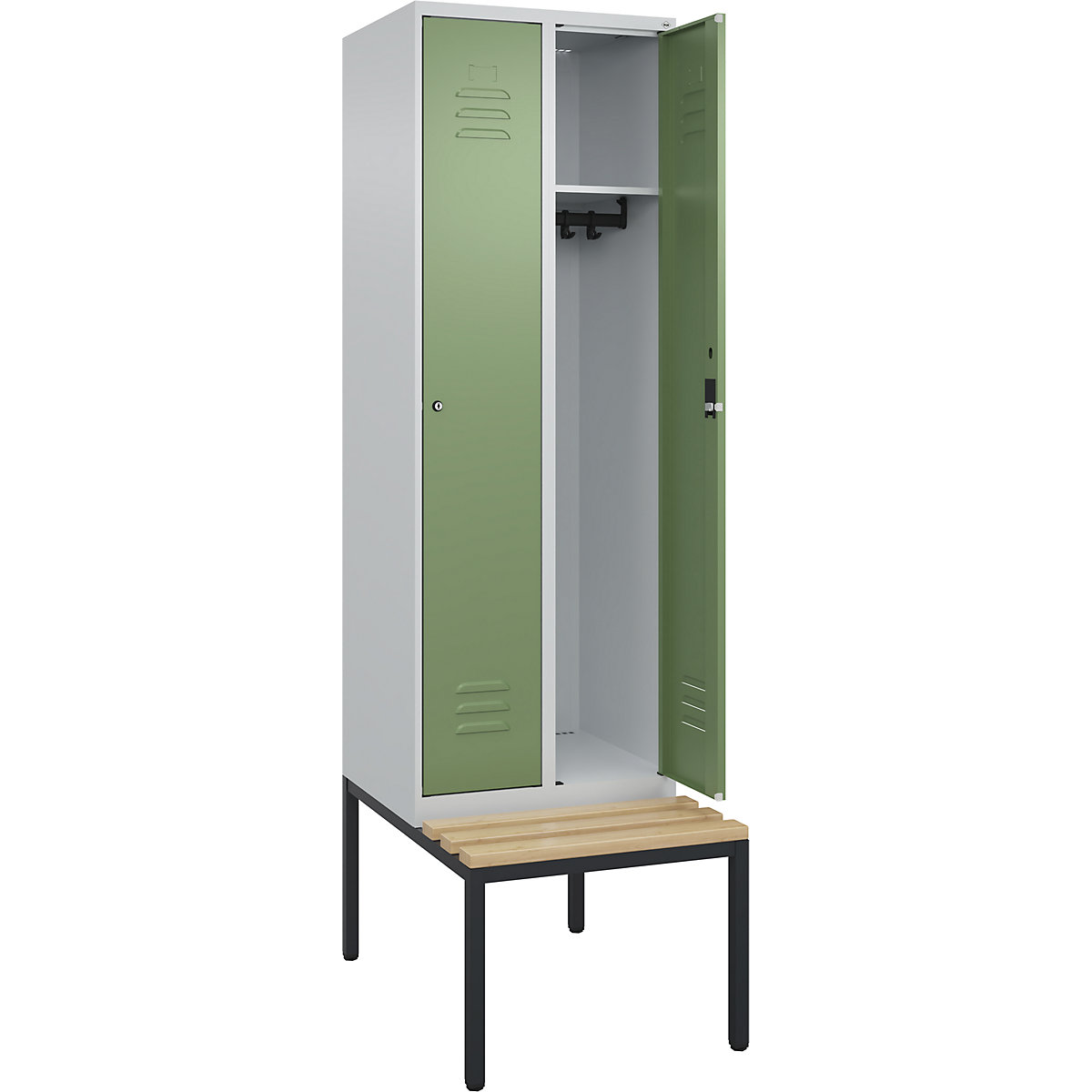 Classic PLUS öltözőszekrény paddal – C+P, 2 fülke, világosszürke / rezedazöld, szé 600 mm, hengerzár, alátámasztott, bükk keményfa-297