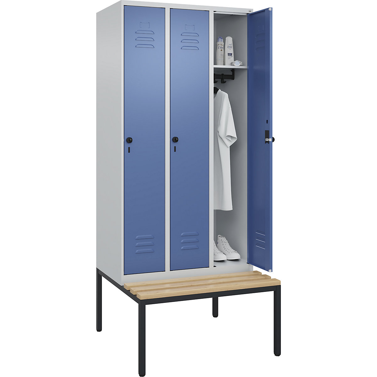 Classic PLUS öltözőszekrény paddal – C+P, 3 fülke, világosszürke / távolikék, szé 900 mm, biztonsági forgóretesz, alátámasztott, bükk keményfa-43
