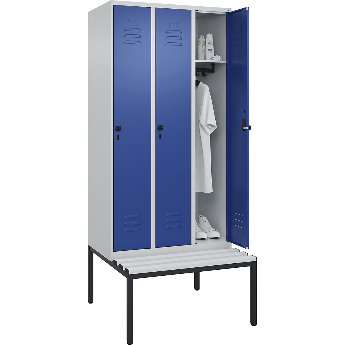 Classic PLUS öltözőszekrény paddal – C+P, 3 fülke, világosszürke / enciánkék, szé 900 mm, biztonsági forgóretesz, alátámasztott, műanyag-120