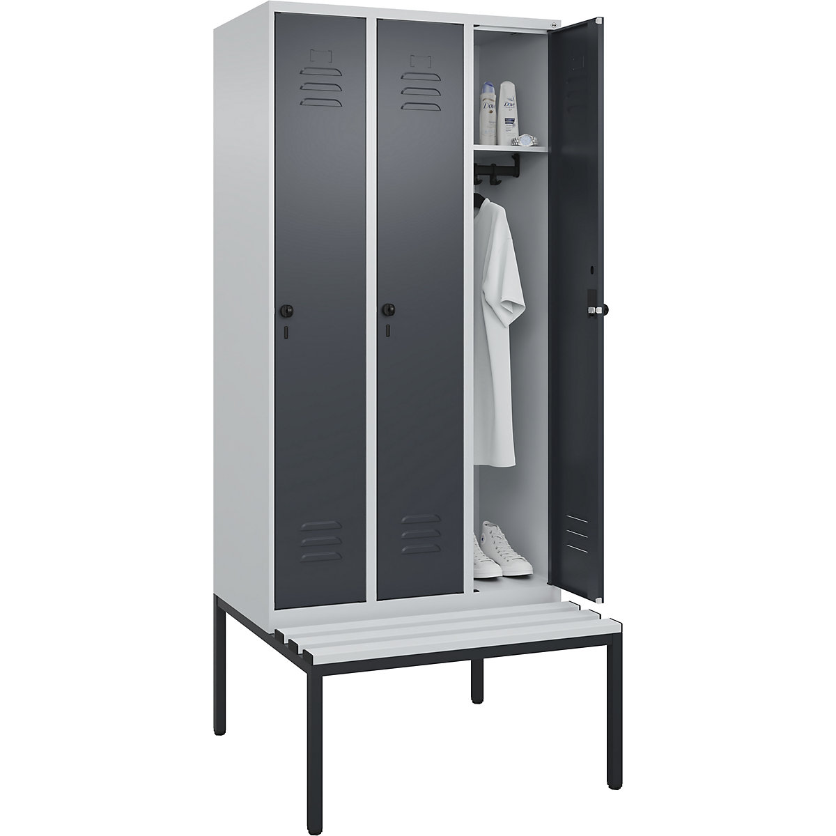 Classic PLUS öltözőszekrény paddal – C+P, 3 fülke, világosszürke / szürke, szé 900 mm, biztonsági forgóretesz, alátámasztott, műanyag-203