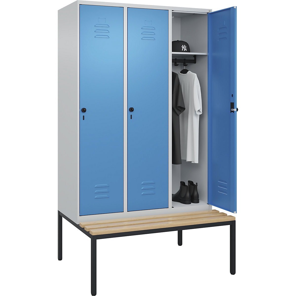 Classic PLUS öltözőszekrény paddal – C+P, 3 fülke, világosszürke / világoskék, szé 1200 mm, biztonsági forgóretesz, alátámasztott, bükk keményfa-18