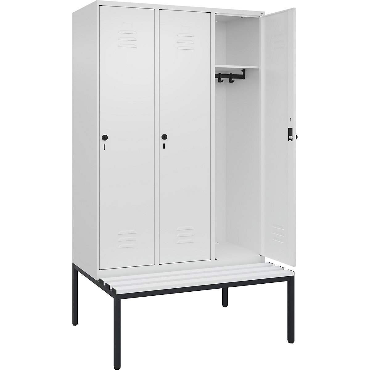 Classic PLUS öltözőszekrény paddal – C+P, 3 fülke, közlekedési fehér, szé 1200 mm, biztonsági forgóretesz, alátámasztott, műanyag-291