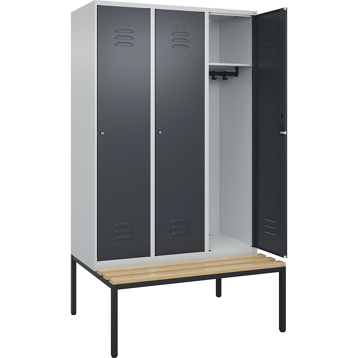 Classic PLUS öltözőszekrény paddal – C+P, 3 fülke, világosszürke / szürke, szé 1200 mm, hengerzár, alátámasztott, bükk keményfa-102