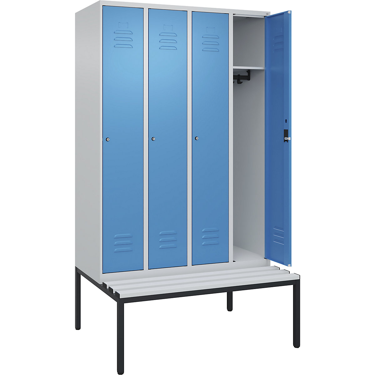 Classic PLUS öltözőszekrény paddal – C+P, 4 fülke, világosszürke / világoskék, szé 1200 mm, hengerzár, alátámasztott, műanyag-205